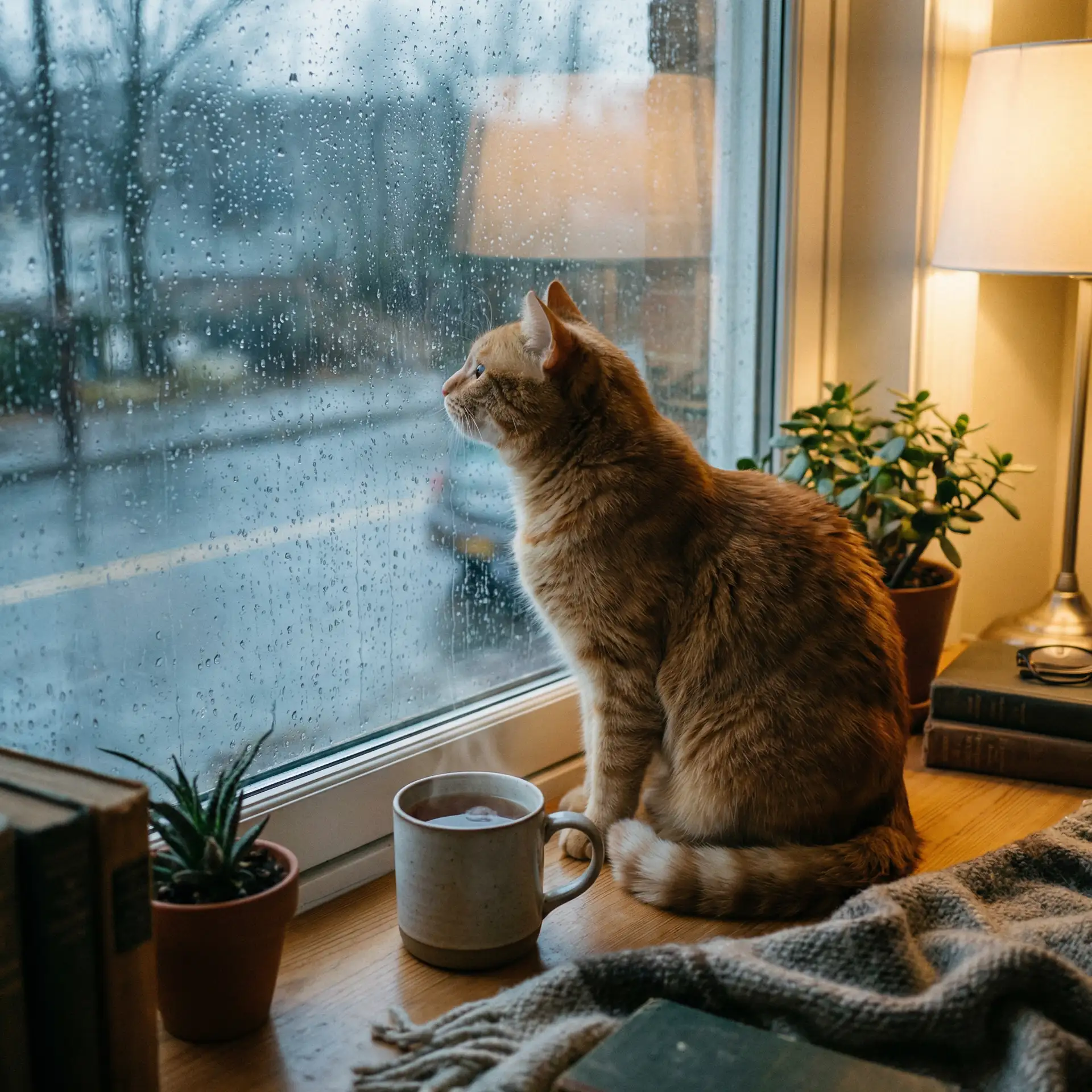 猫咪望着窗外的雨 - 灰心财阀
